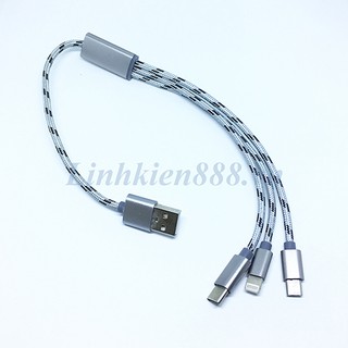 Cáp USB Ra 3 Đầu Micro USB, Apple Và Type-C Dài 30cm Màu Ghi