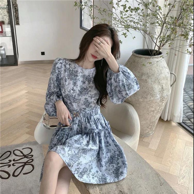 Đầm xòe IELGY tay dài cổ tròn in họa tiết thời trang thanh lịch cho nữ