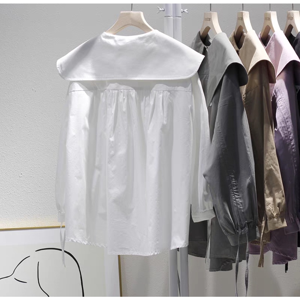 Áo sơ mi nữ tiểu thư dáng rộng lá cổ nhọn tay rút dây oversize phong cách Hàn quốc phù hợp đi học, đi chơi, đi làm
