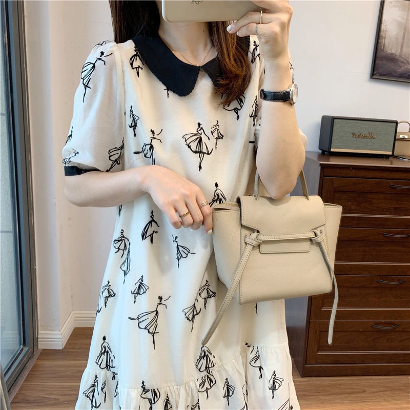 Đầm RENJIANVSHENG 15423 tay ngắn cổ búp bê màu sắc tương phản xinh xắn