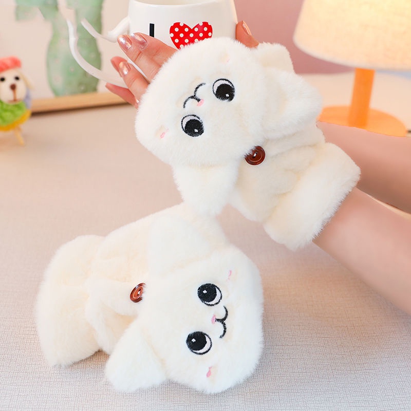 Găng tay lông mềm hở ngón giữ ấm họa tiết hoạt hình dễ thương