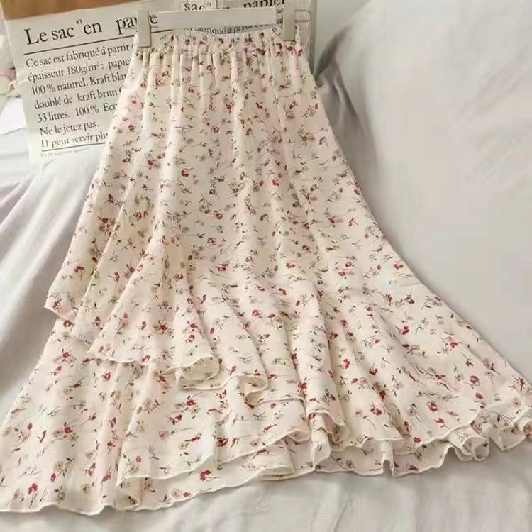 Chân váy voan hoa lưng cao xếp ly thời trang mùa hè