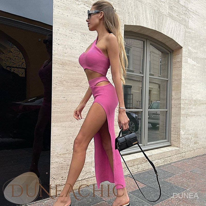 DUNEA Bộ đồ gồm áo tanktop màu trơn và chân váy xẻ tà lưng cao thời trang cho nữ