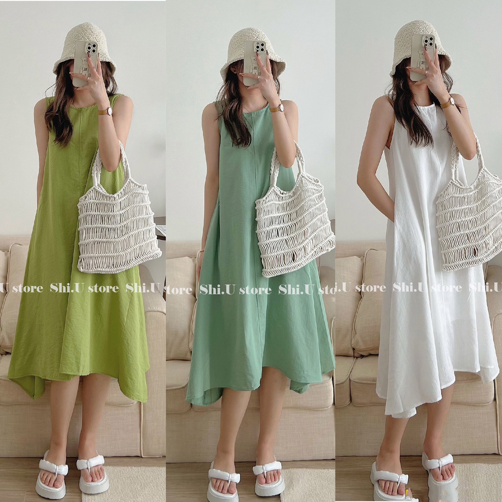 Váy babydoll trơn dáng dài sát nách túi hông chất đũi xước nhiều màu đầm ba lỗ khoét nách siêu mát