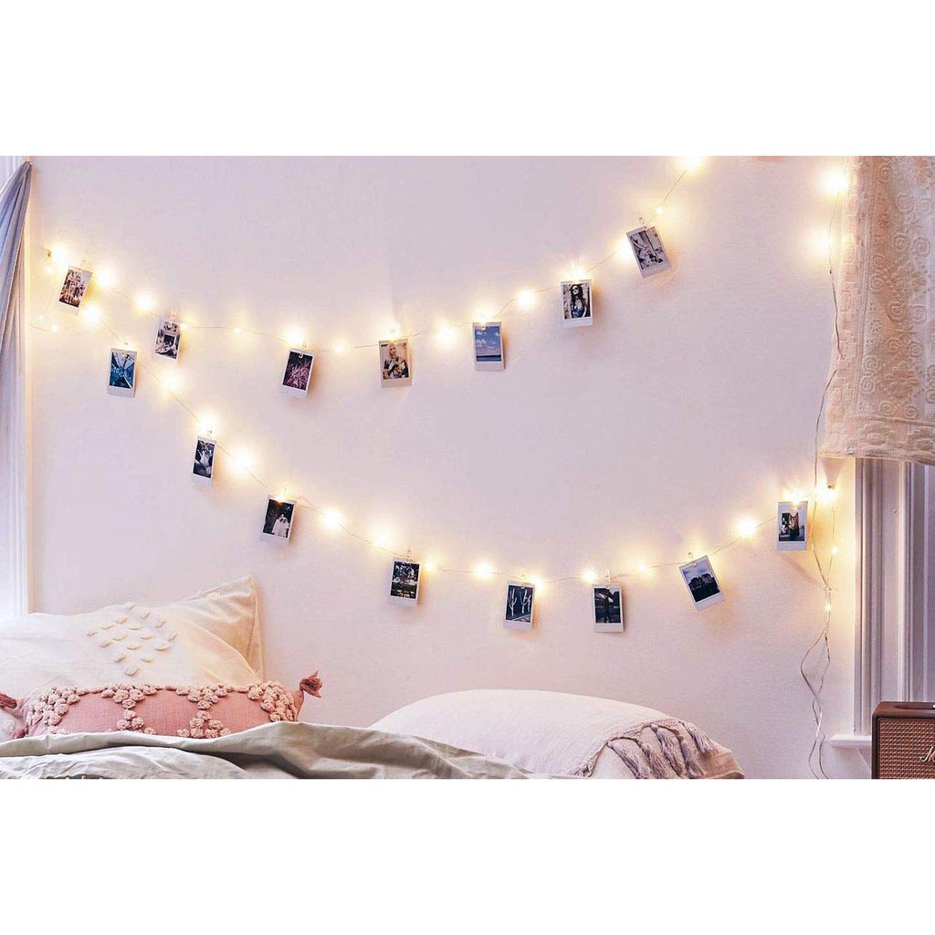 Kẹp Ảnh Gỗ thông + Đèn Led Xài Pin Dài 5M 50 Bóng Đèn Đom Đóm Fairy Light Kẹp Hình Nghệ Thuật Trang Trí Decor Nhà