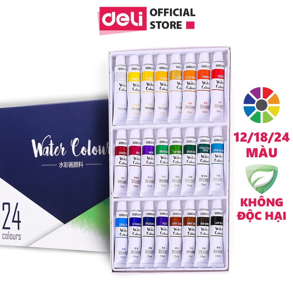 Màu nước dạng tuýp cao cấp 12ml Deli - màu nước hòa tan che phủ tốt - 12 màu/18 màu/24 màu - 73850 / 73851 / 73852