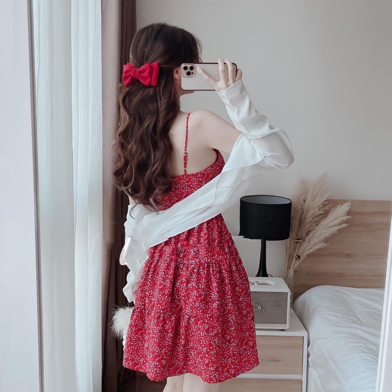 Set Đầm Hoa Đỏ 2 Dây Phối Khoác Cardigan Ngoài [ Ảnh thật 100% ] | BigBuy360 - bigbuy360.vn