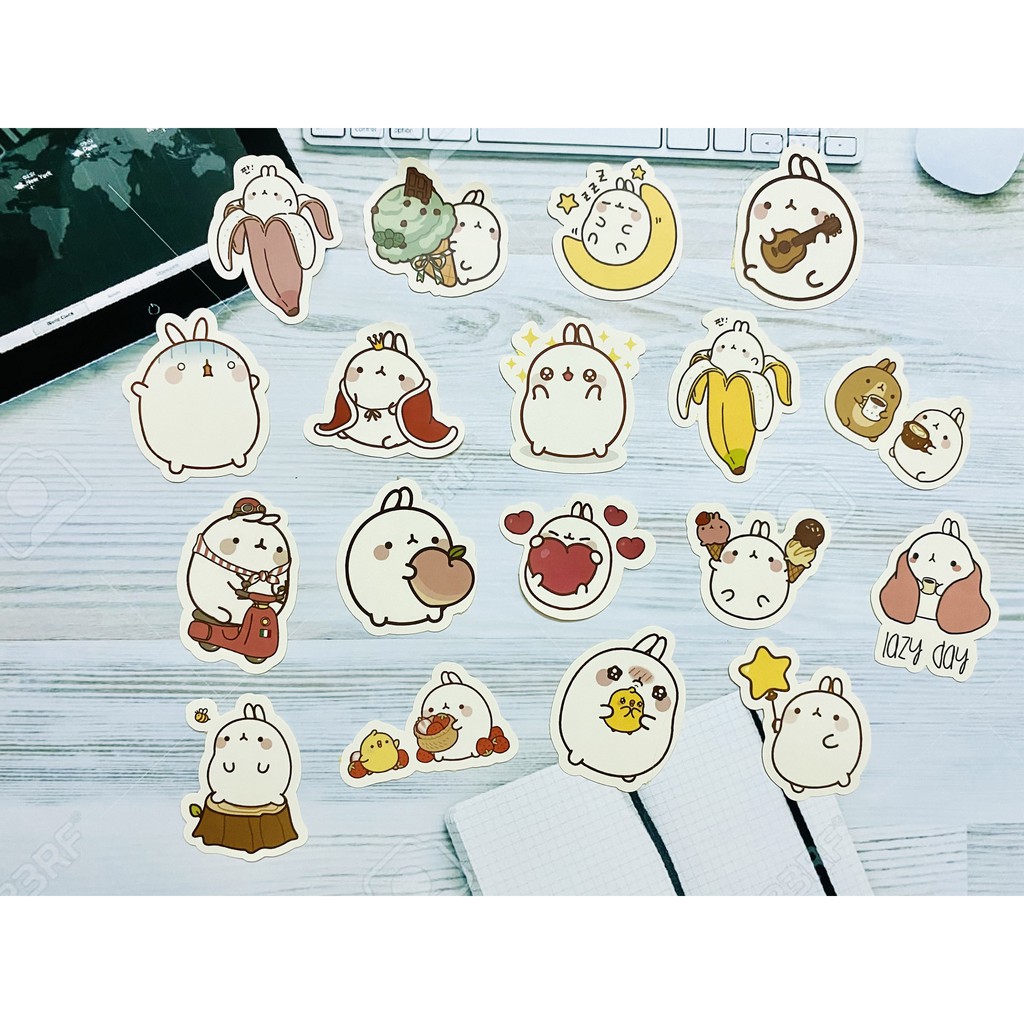 [Twins Plus] Sticker thỏ Molang dán trang trí laptop, máy tính bỏ túi, vali, điện thoại, đàn ghita, hộp bút