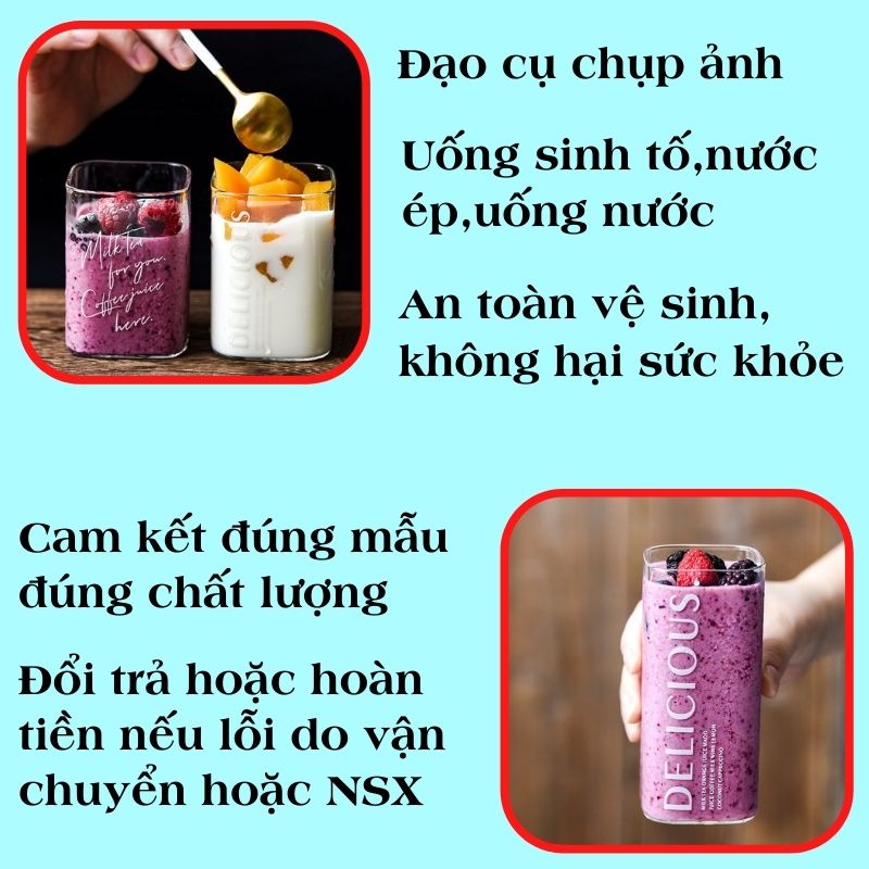Ly thủy tinh vuông 400ml DILICIOUS dễ thương Cốc thủy tinh uống trà, cà phê dễ thương ABUSTORE D10