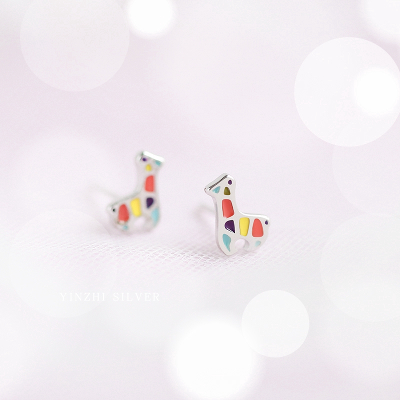 Hoa Tai Màu Cute Giraffe Rainbow Earrings Silver Colorful Animal Earring Women Fashion Stud Gift for Girls Lady