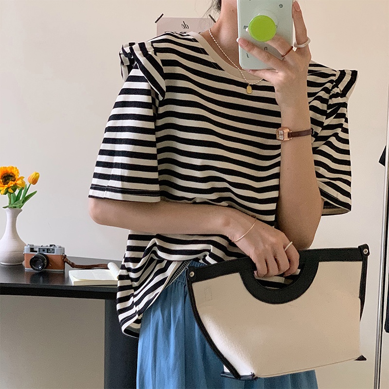 Áo Thun Tay Ngắn Cổ Tròn Dáng Rộng Kẻ Sọc Phong Cách Hàn Quốc Thời Trang Mùa Hè 52608