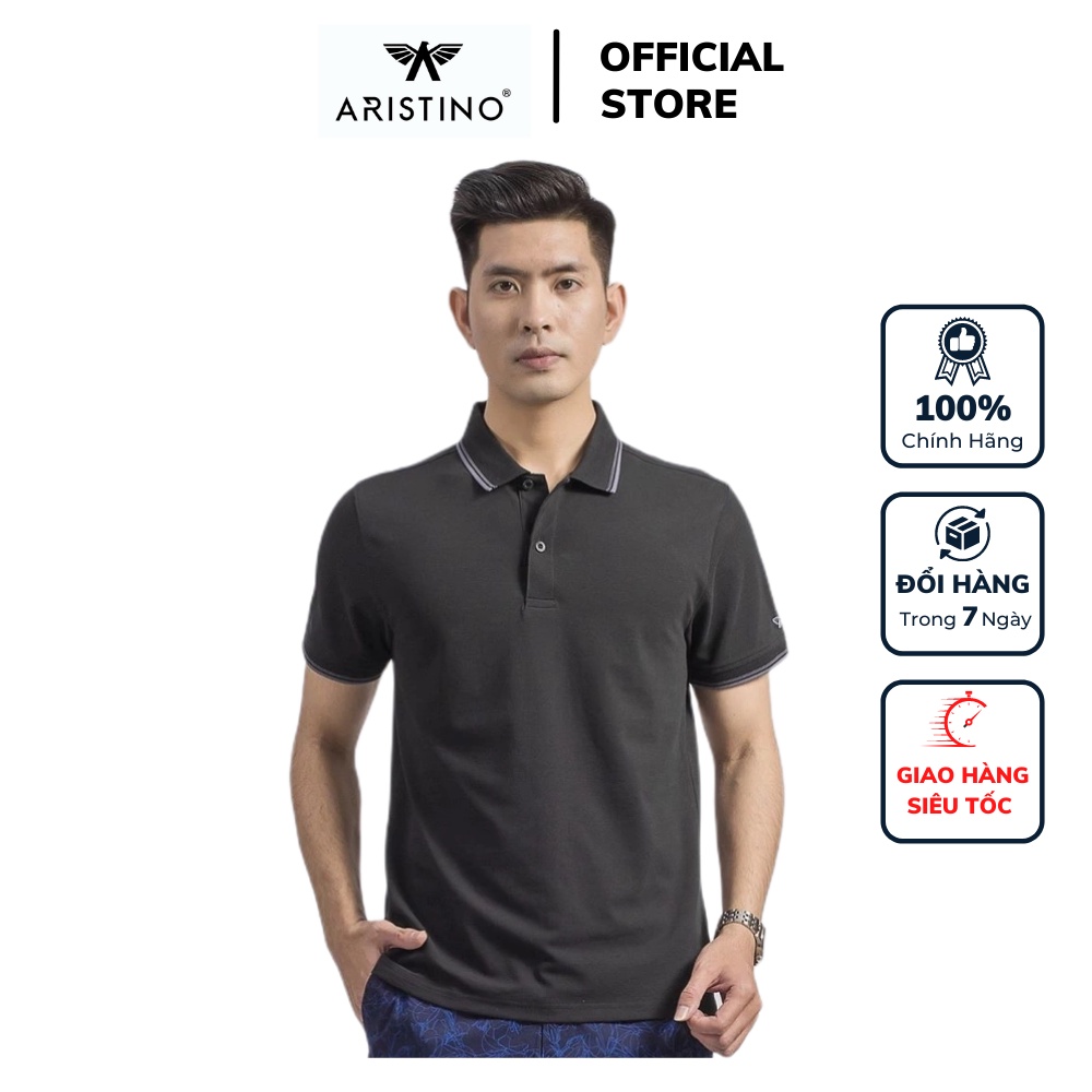 Áo thun polo nam Aristino APS002S9 phông ngắn tay có cổ bẻ dáng suông màu đen trơn phối viền cổ trắng vải CVC cao cấp