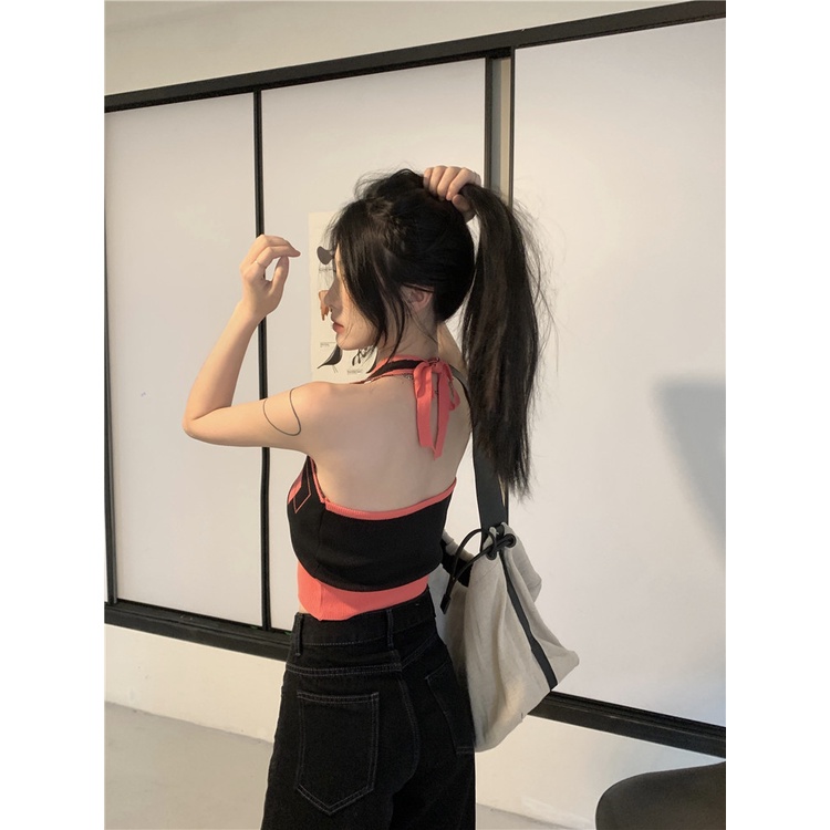 Cocory vn Áo Dệt Kim Hai Dây Ôm Dáng Họa Tiết Kẻ Sọc Caro Màu Tương Phản Quyến Rũ Thời Trang Cho Nữ