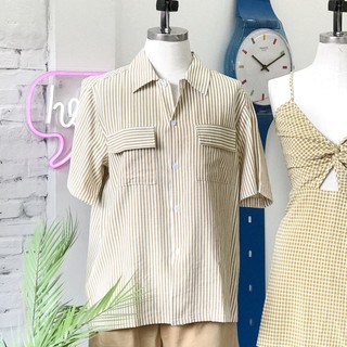 Usthebasic - Áo sơ mi nữ Stripe Pocket Short Sleeves Shirt