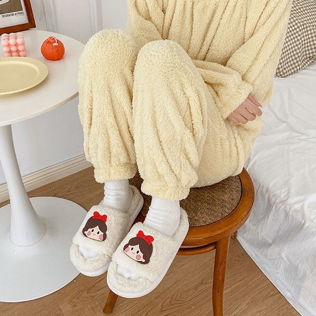 Dép cotton đi trong nhà đế dày chống trượt giữ ấm mùa đông dễ thương cho nữ