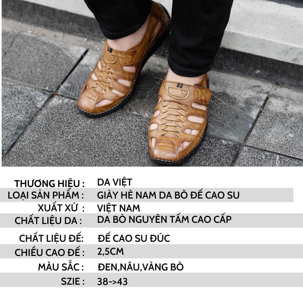 Giày nam mùa hè rọ da bò nguyên tấm DAVIET đế cao su có quai dính ngang(Bảo Hành Da 12Tháng)