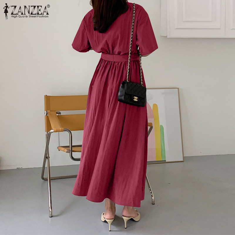 Zanzea Đầm Dài Tay Lửng Thắt Lưng Thun Màu Trơn Cổ Điển Dành Cho Nữ