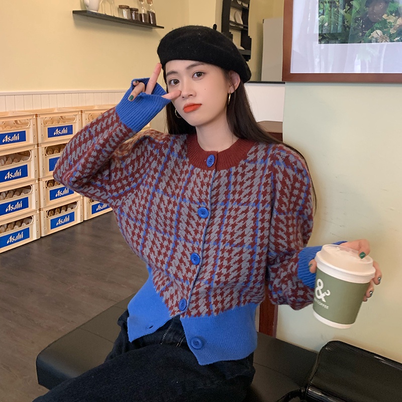 SUXI Áo khoác cardigan dệt kim cổ tròn họa tiết caro thời trang sành điệu cho nữ