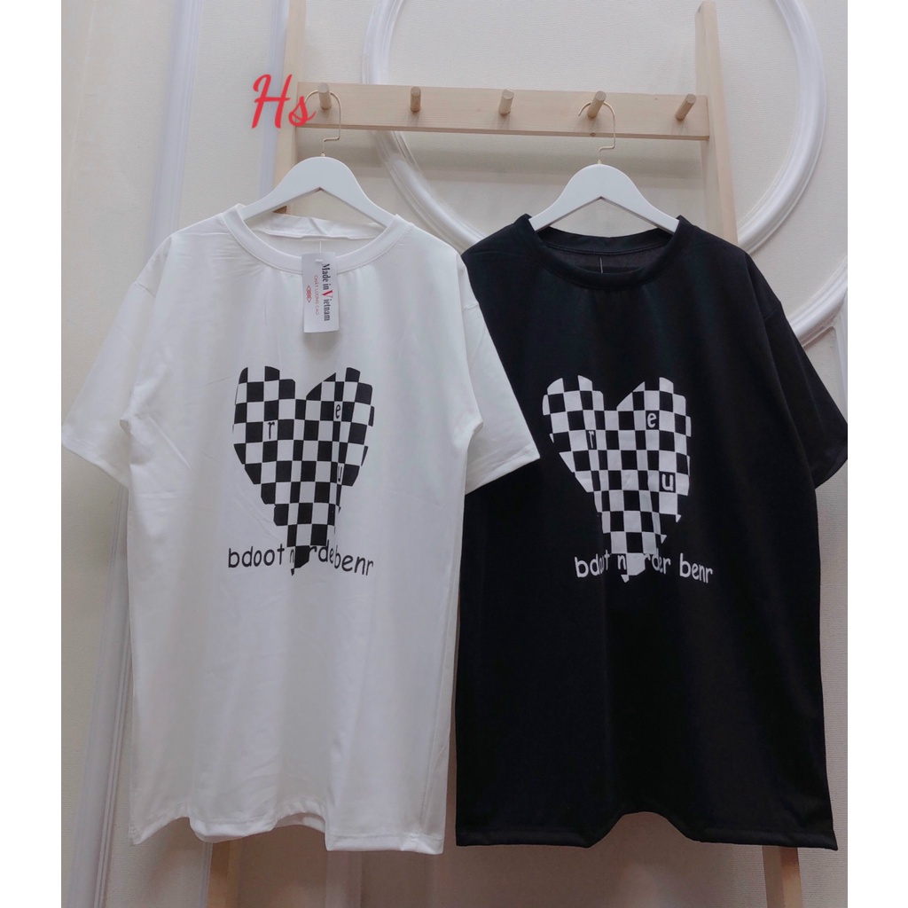 Áo Phông Trái Tim Ô Vuông Unisex Áo Thun Nữ Cộc Tay Cổ Tròn Dáng Rộng In Hình 2 Màu
