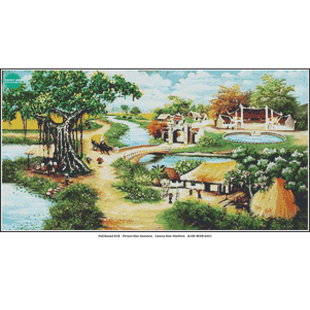 Bộ Tranh Đính Đá 5D Tự Làm Hình Phong Cảnh Làng Quê Cỡ Lớn 90x50cm
