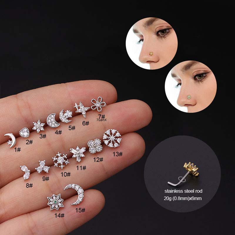 Khuyên Mũi Dày 20G Hình Mặt Trăng Bằng Inox Đính Đá Zircon