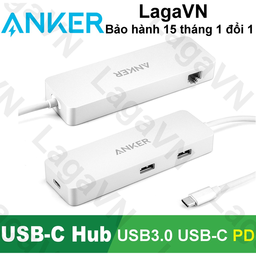 Bộ chia cổng ANKER USB Type C Hub, Ethernet và Power Delivery PD - A8302
