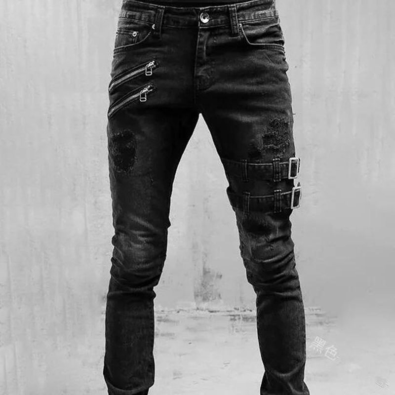 Quần Jeans Dài Dáng Ôm Phối Vết Rách Cá Tính Cho Nam