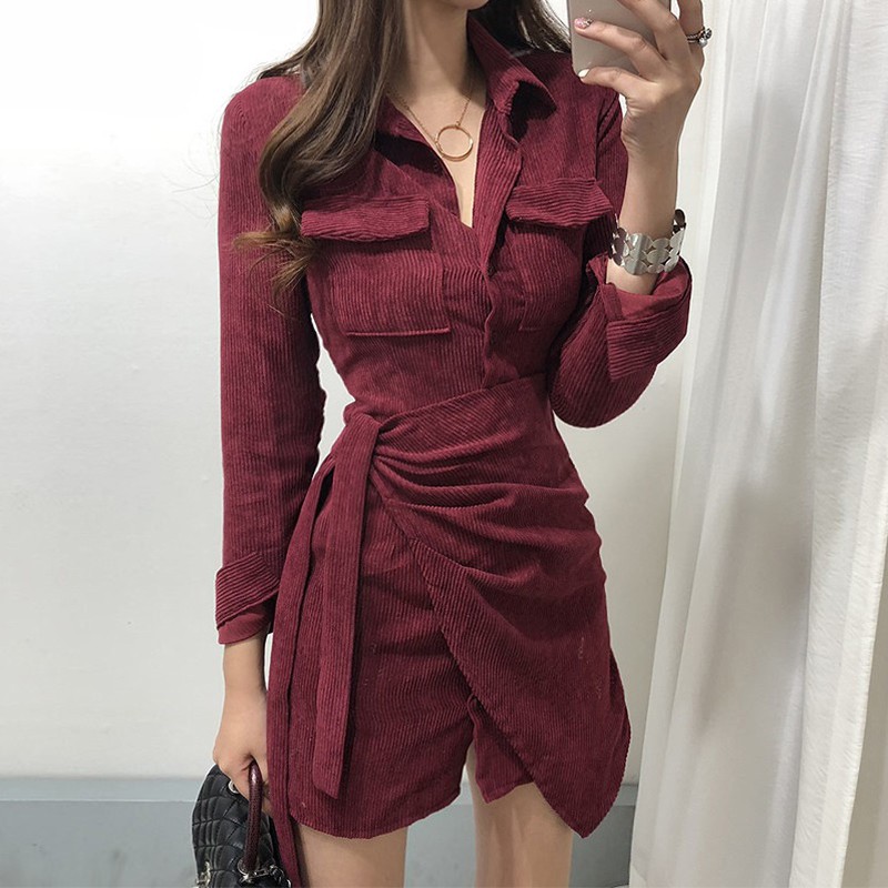 (ORDER) Váy sơ mi nhung tăm thắt eo xẻ vạt độc lạ kiểu Pháp cá tính sang chảnh Korea