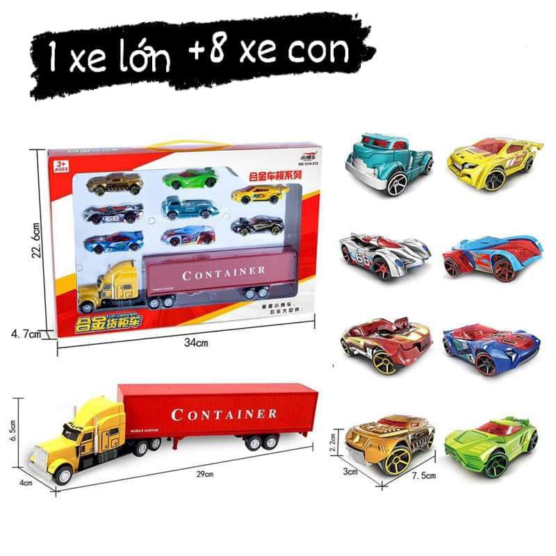 Hộp xe container đầu kim loại kèm 8 xe con