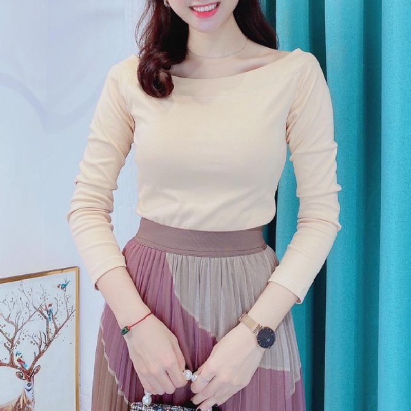 Aó Thun Bẹt Vai Tay Dài Cổ Thuyền Chất Thun Co Giãn Phom Body