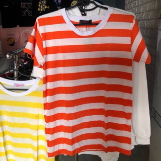 Áo thun unisex kẻ cọc cam