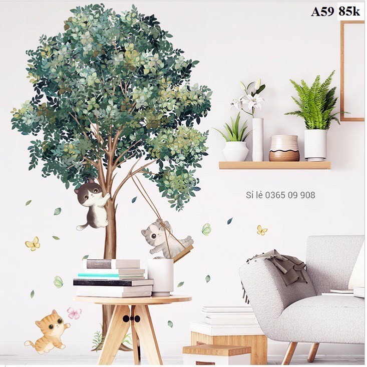 Decal dán tường chú mèo leo cây ngộ nghĩnh dễ thương