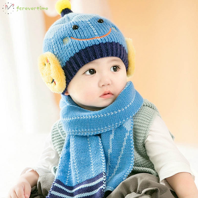 ☞mũ☜ Baby Boys Girls Knitted Hat + Scarf Smile Face Winter Warm Beanie Cap Hats Scarf Set