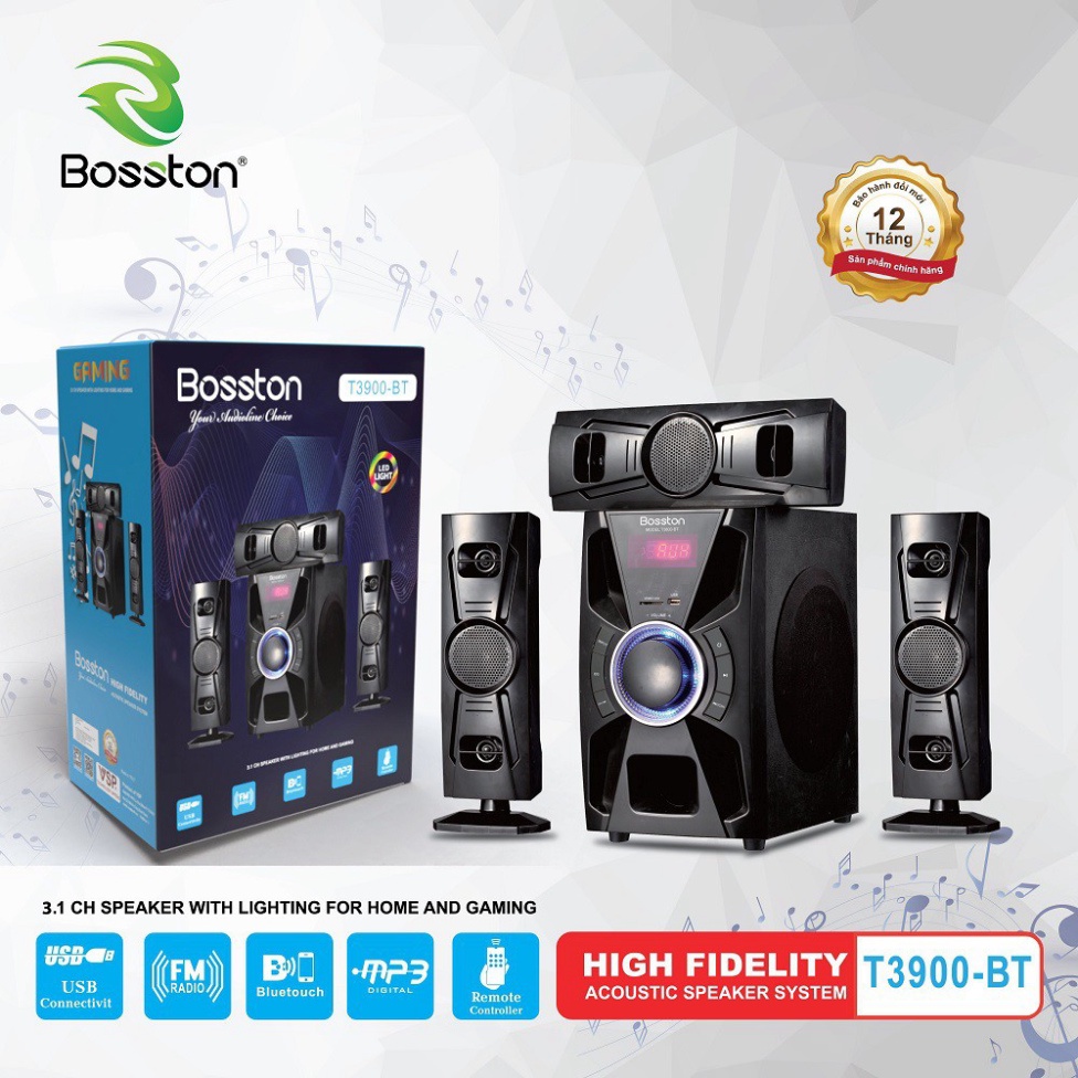 Loa vi tính 3.1 kiêm Bluetooth USB thẻ nhớ Bosston T3900-BT 60W led RGB 7 màu, nguồn 220V