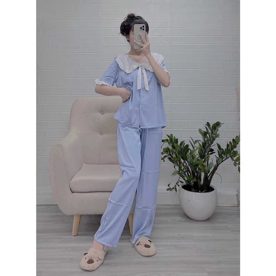 Đồ bộ pijama nữ tay ngắn quần dài lụa mango, lụa latin nhiều mẫu tiểu thư phối bèo cổ sen hot trend giá rẻ free ship