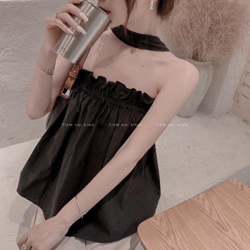 Áo Kiểu [Tiệm Vải Xinh] Áo Kiểu Croptop Quây Ngực Liền Choker Cạp Chun - Hàng Quảng Châu ct017