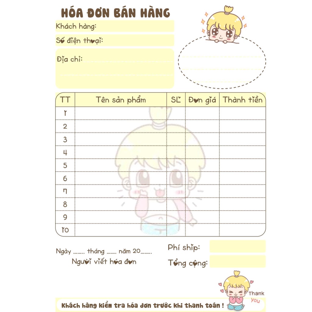 Hoá đơn bán hàng 1 liên dễ thương 10 x 14,5 ngẫu nhiên