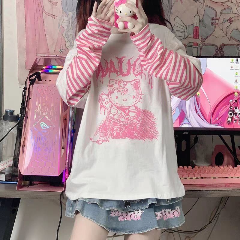 Áo Thun Tay Dài Giả Hai Lớp Dáng Rộng Mềm Mại In Hình Mèo Hello Kitty Thời Trang 2023 Dành Cho Bạn Nữ