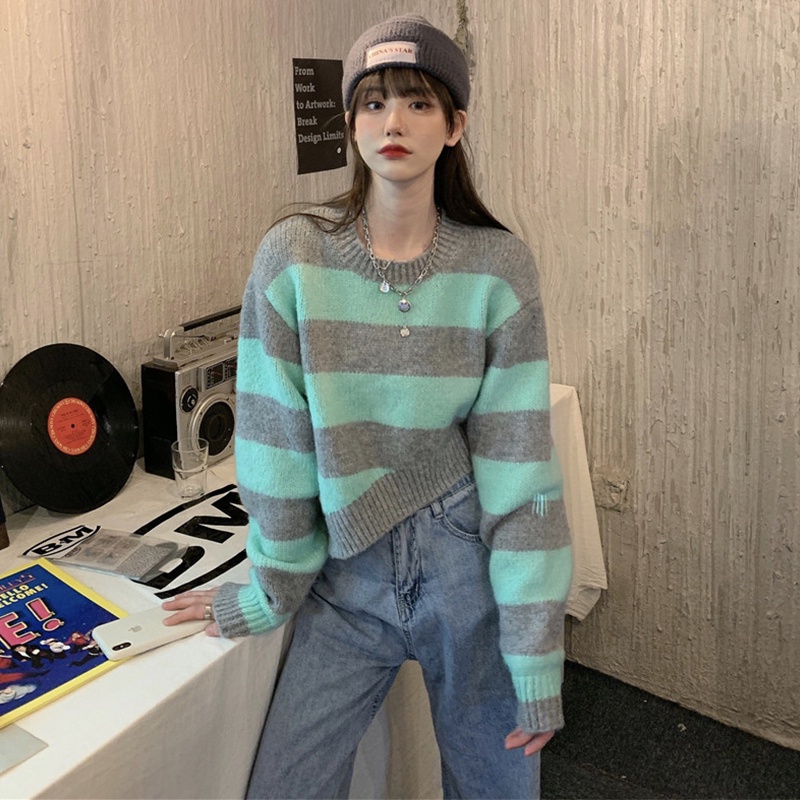 Áo Len Lửng Dài Tay Họa Tiết Sọc Ngang Thời Trang Mùa Thu Mới Dành Cho Nữ