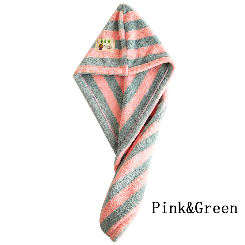 SUPO Depot ✨Super Absorbent Hair-drying Cap Dry Hair Hat Bath Towel Cover Thick Coral Fleece Soft Comfortable Fashionable Durable Green Pink Stripe