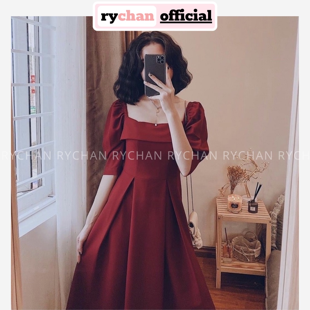 Đầm Dự Tiệc Cổ Vuông Tà Ngang Trước Ngực Thun Vai Xếp Li Eo Màu Đỏ Kem [ẢNH THẬT CUỐI] - DX9728