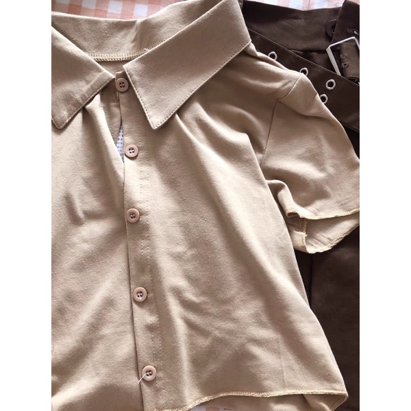 Set Nâu Áo Croptop Polo Và Chân Váy Chữ A Kèm Nịt