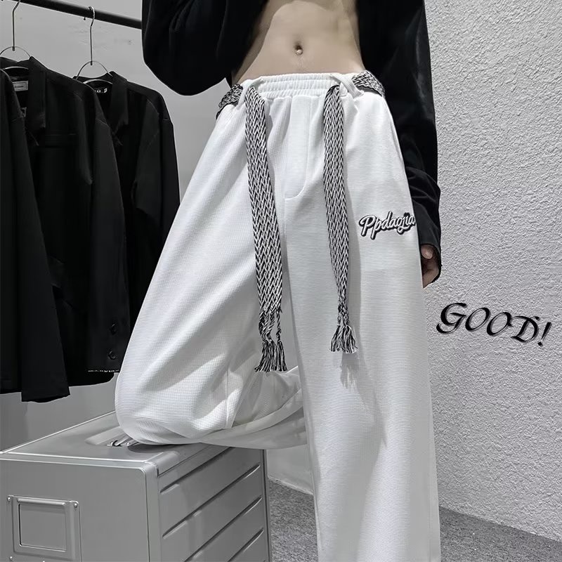 Quần  dài dây rút màu trơn chất liệu lụa lạnh thời trang mùa hè phong cách hàn quốc cho nam chữ in màu quần dài đơn giản phù hợp với tất cả các cặp quần dài