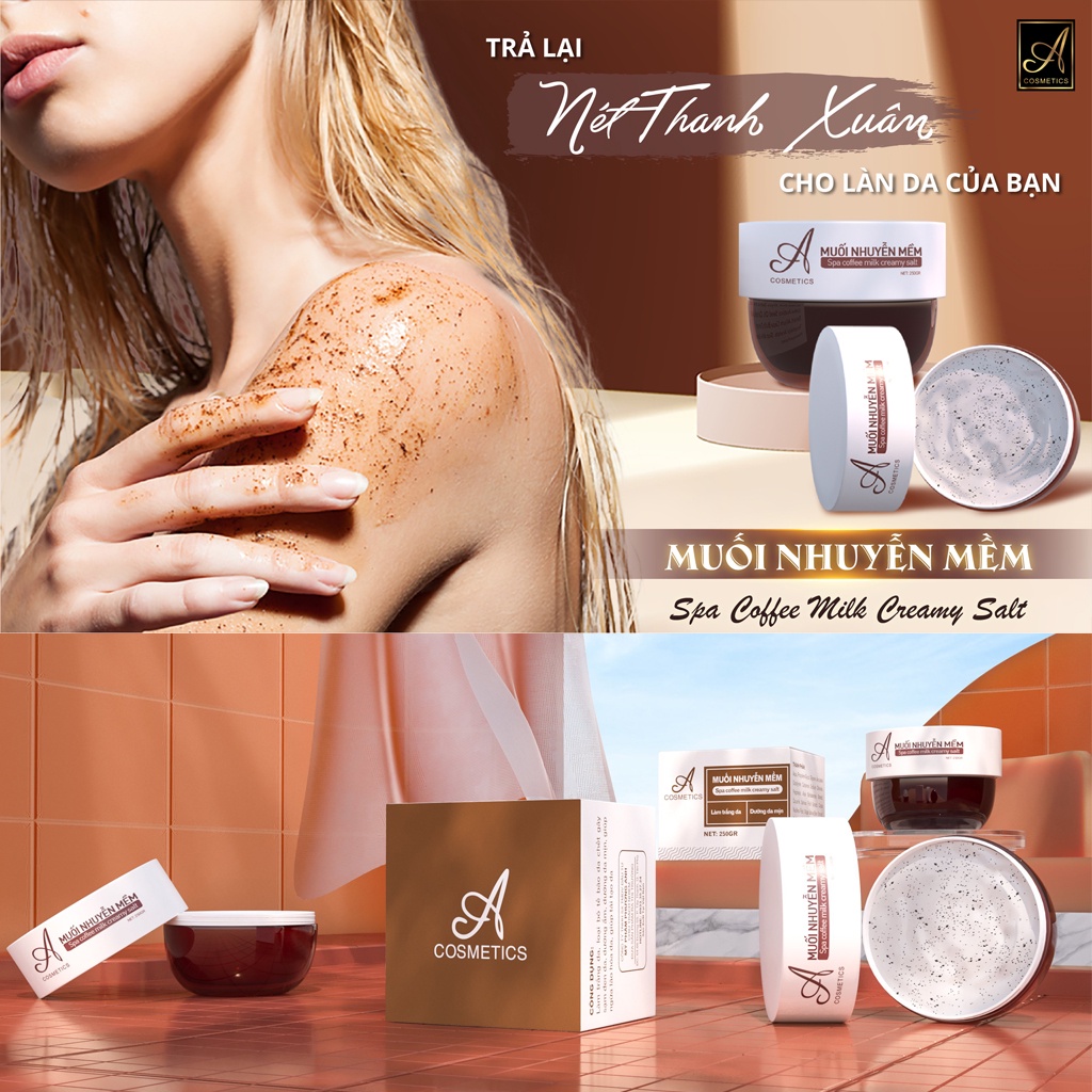 Muối tẩy da chết body giúp da mềm mịn, trắng sáng, muối nhuyễn A cosmetics 250g