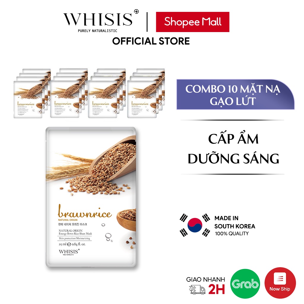 Combo 10 Mặt Nạ Gạo Lứt WHISIS Nature Origin Energy Brownrice Sheet Mask Giúp Da Sáng Và Hồng Hào 25ml/miếng