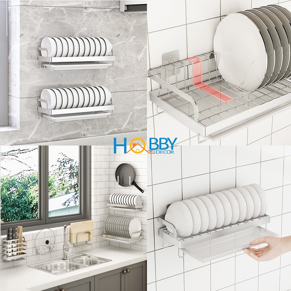 Kệ đựng chén đĩa HOBBY KCD Inox 304 dán tường gạch men - kèm keo dán và khay hứng nước - 2 kích thước