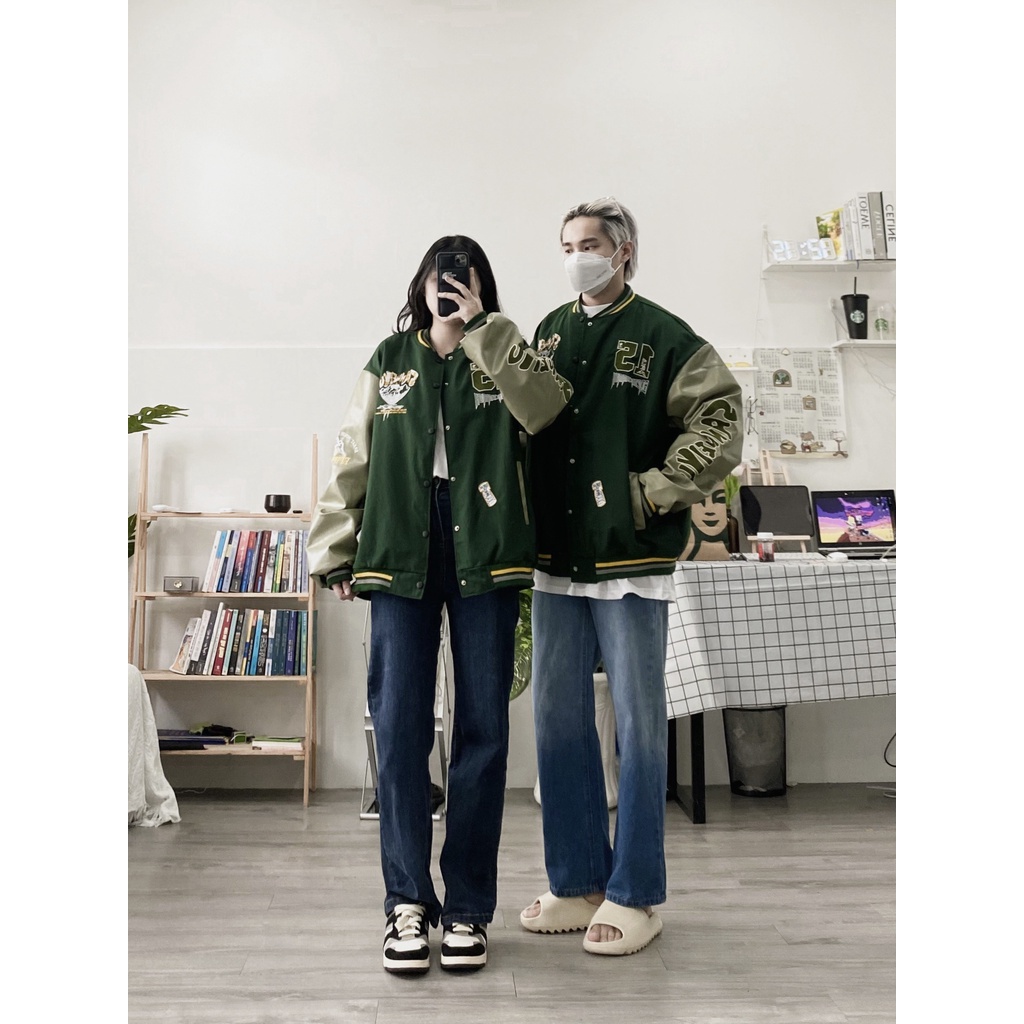 Bomber 15 SANWE Kaki phối da tay Xanh rêu Nam nữ unisex ♥ Form áo rộng ♥ JEJUL unisex nam nữ ♥