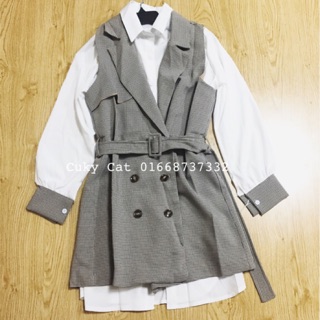 Set váy sơ mi kèm vest ba lỗ kẻ