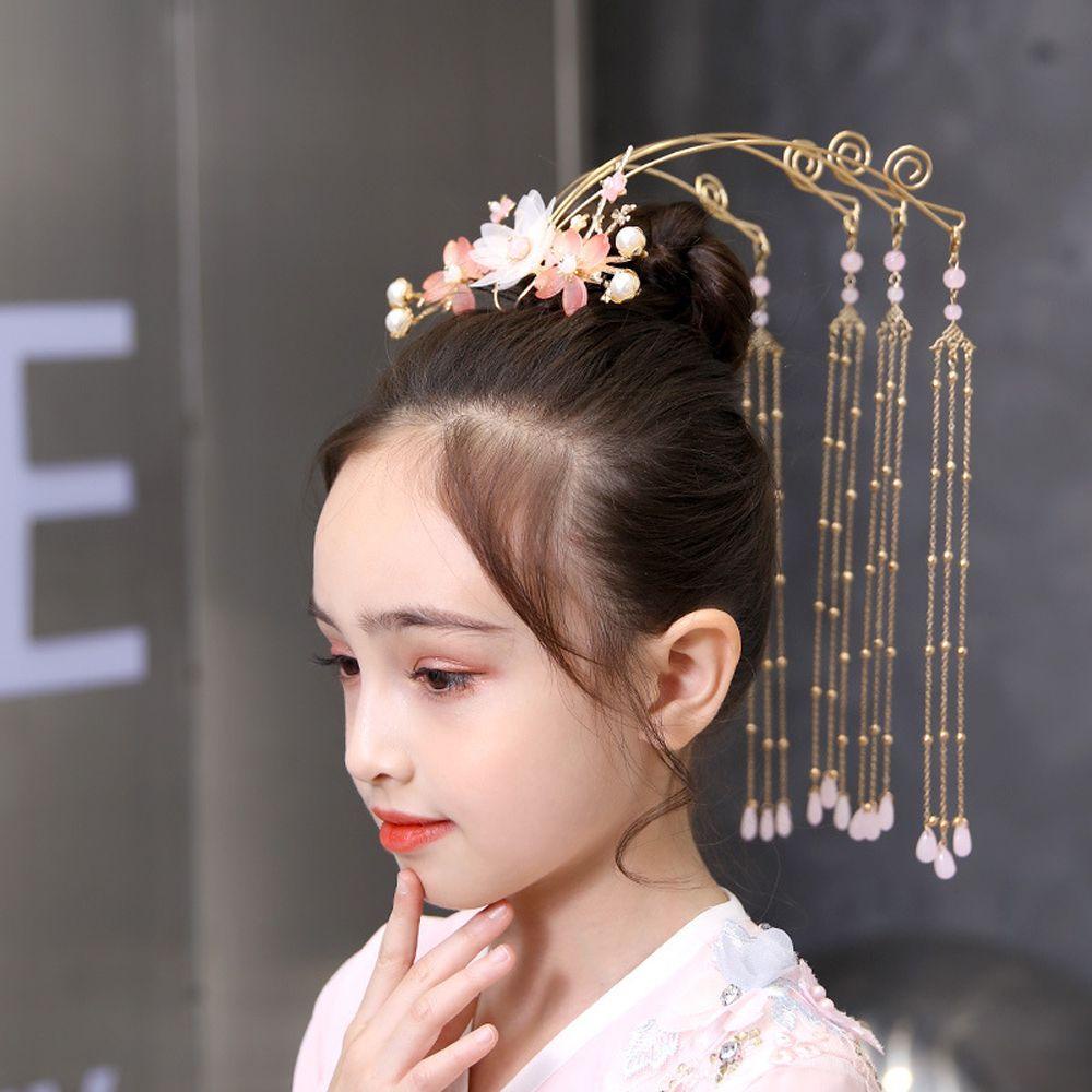Nĩa Cài Tóc Hình Hoa Phối Tua Rua Phong Cách Trung Hoa Cổ Điển Sang Trọng Cho Bé Gái