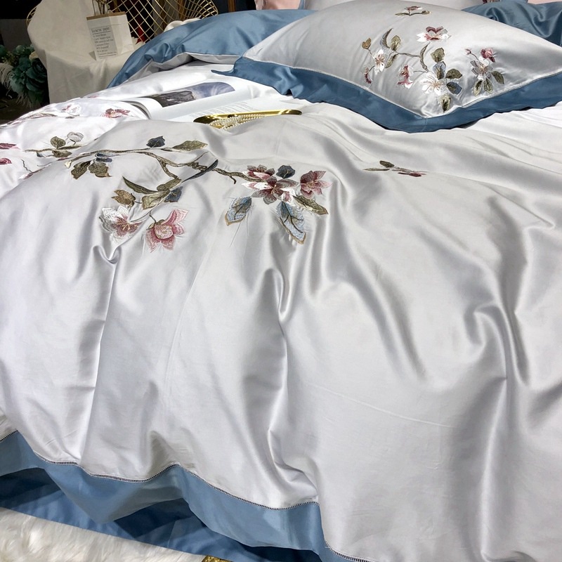 GC799 Bộ chăn ga gối thêu chất cotton lụa cao cấp hàng nhập